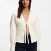 Tie-front rib-knit cardigan with balloon sleeves