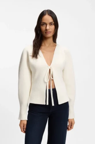 Tie-front rib-knit cardigan with balloon sleeves