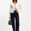Tie-front rib-knit cardigan with balloon sleeves