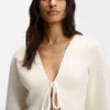 Tie-front rib-knit cardigan with balloon sleeves