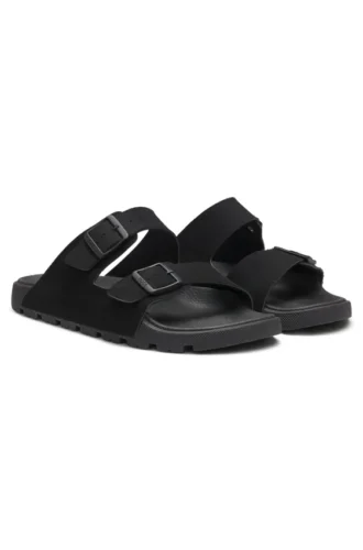 Two-strap slides with branded buckles