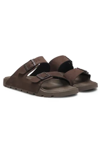 Two-strap slides with branded buckles