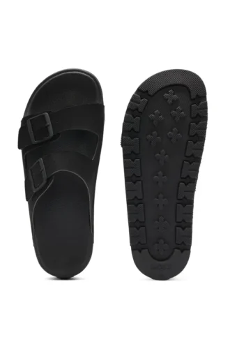 Two-strap slides with branded buckles