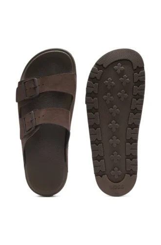 Two-strap slides with branded buckles