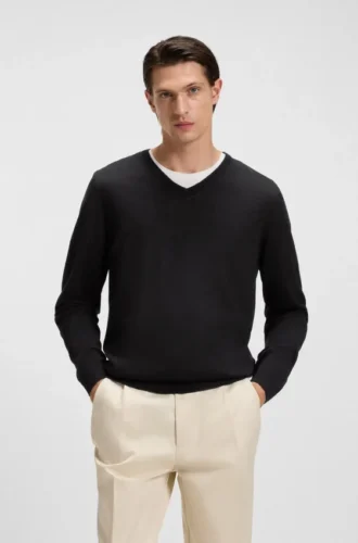 Virgin-wool sweater with V neckline