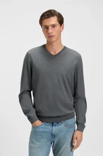 Virgin-wool sweater with V neckline
