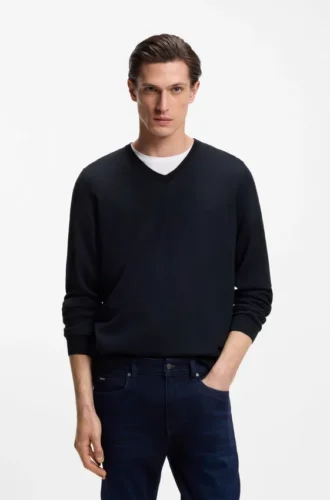 Virgin-wool sweater with V neckline