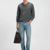 Virgin-wool sweater with V neckline