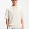 Waffle-structure knit polo with Johnny collar