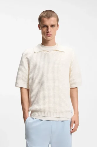 Waffle-structure knit polo with Johnny collar