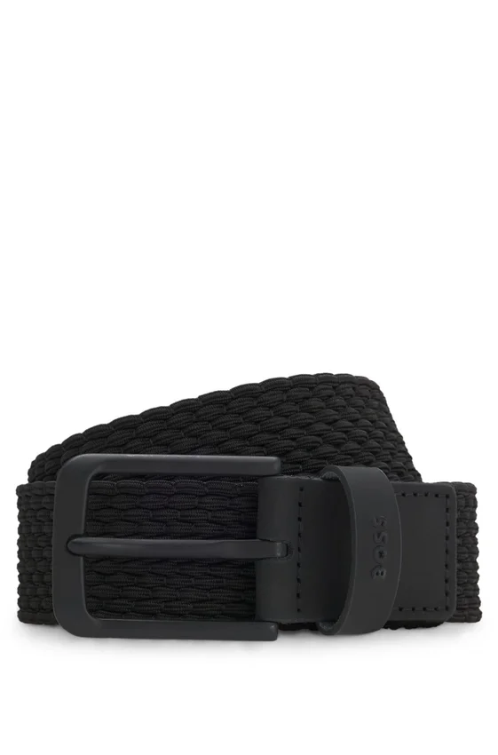 Woven belt with leather trims and logo detail Woven belt with leather trims and logo detail