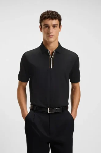 Zip-placket polo shirt in mercerised cotton