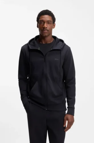 Zip-up hoodie in stretch cotton with logo print