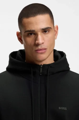 Zip-up hoodie in stretch cotton with logo print