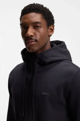 Zip-up hoodie in stretch cotton with logo print